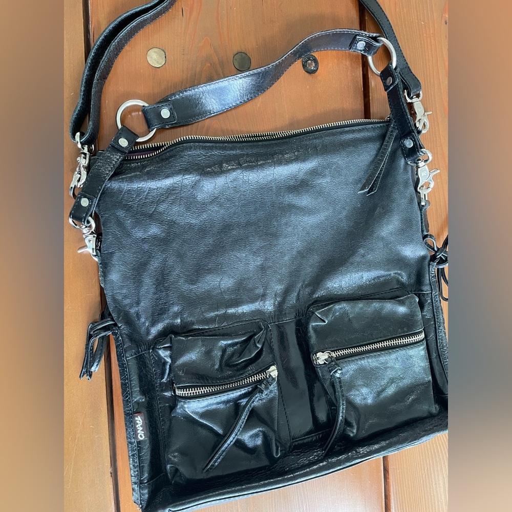 Tano Distressed Black Leather Hobo Bag Many Pockets Double Strap Purple Lining - Picture 2 of 8